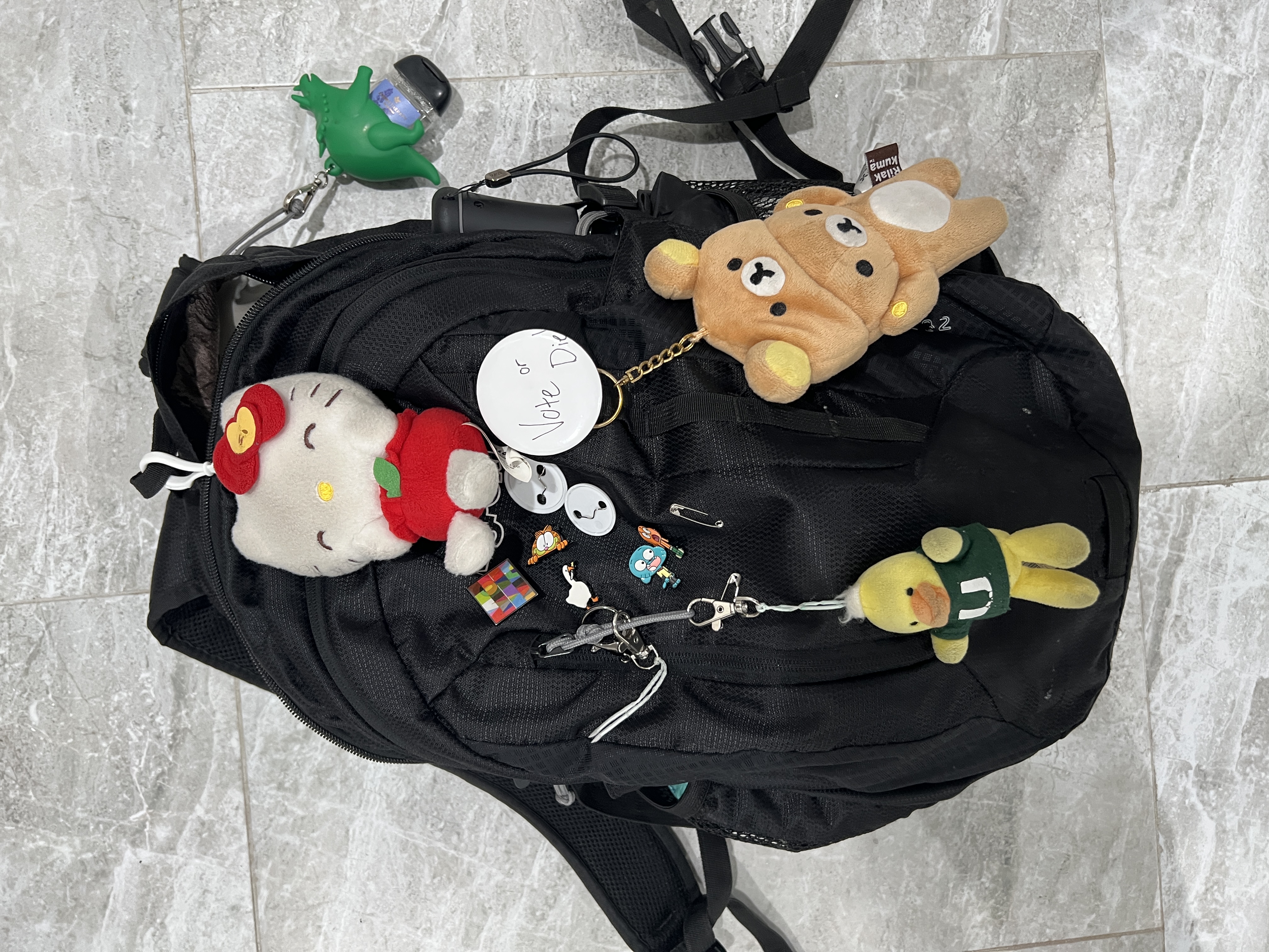 Black JanSport Agave backpack with many plush keychains.