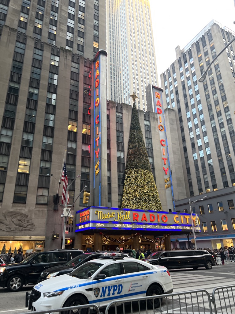 Radio City Music Hall decked in festive decor.