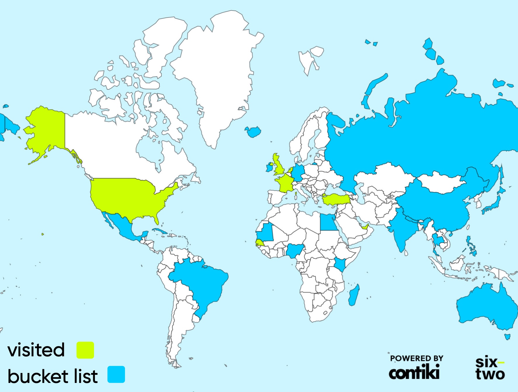 Scratch Off Map with Visited and Want to Visit Countries highlighted in green and blue, respectively.